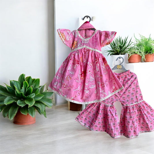 Baby Pink peplum curve sleeves Sharara set with dupatta