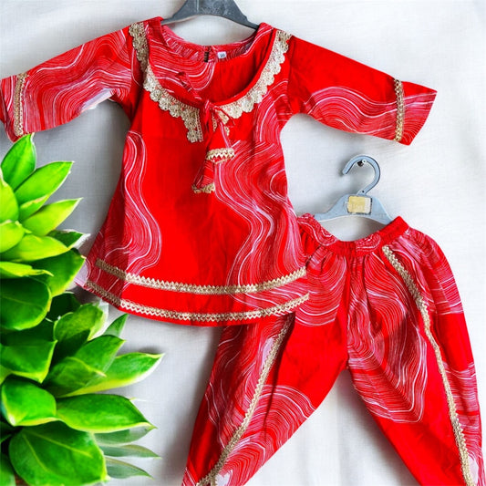 Red muslin kurti dhoti set