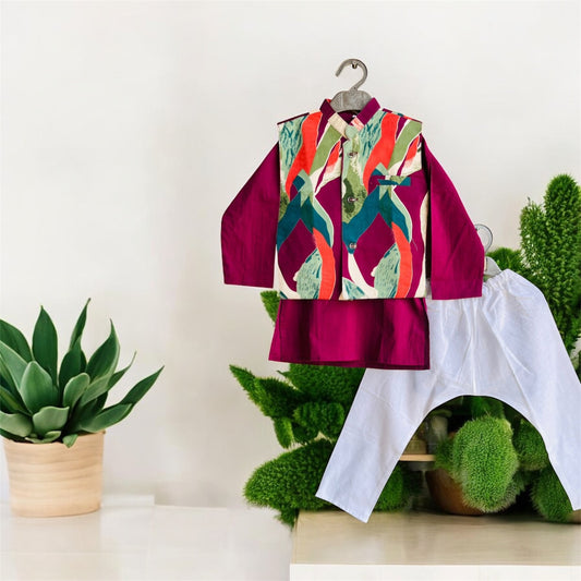 Utsav jacket kurta pajama set burgandy abstract print