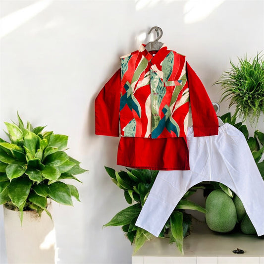 Utsav jacket kurta pajama set red abstract print
