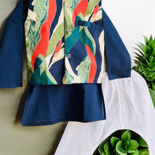 Utsav jacket kurta pajama set blue abstract print