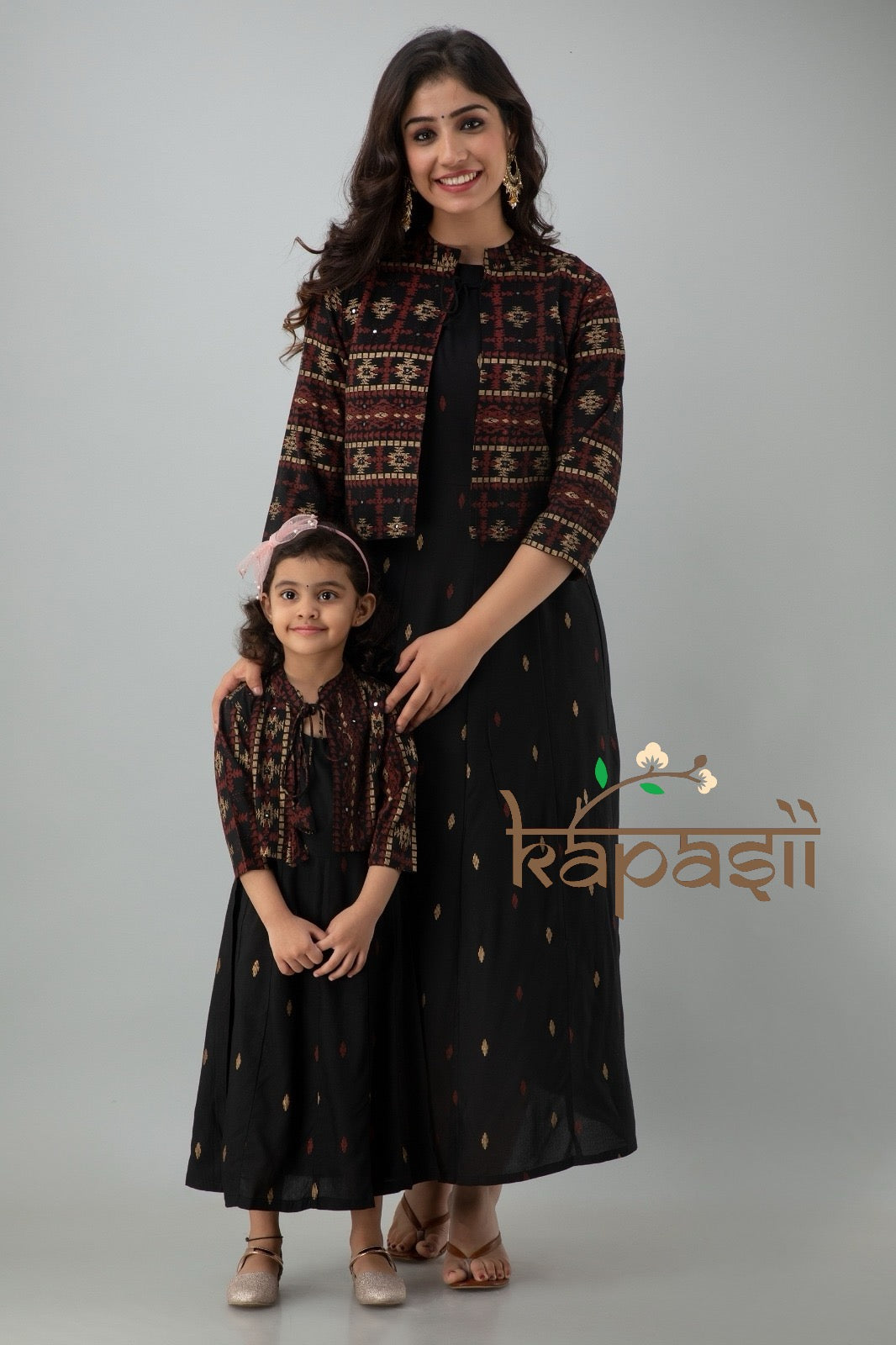 Mom daughter one piece black ethnic motif jacket set