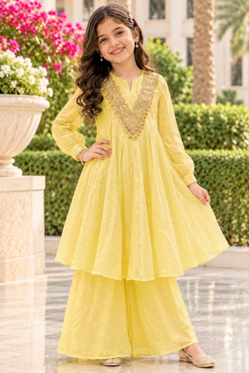 Mul chanderi kurta plazzo set - mustard
