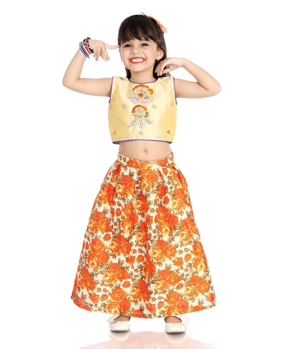 Heavy embroidered crop top choli with flair skirt .