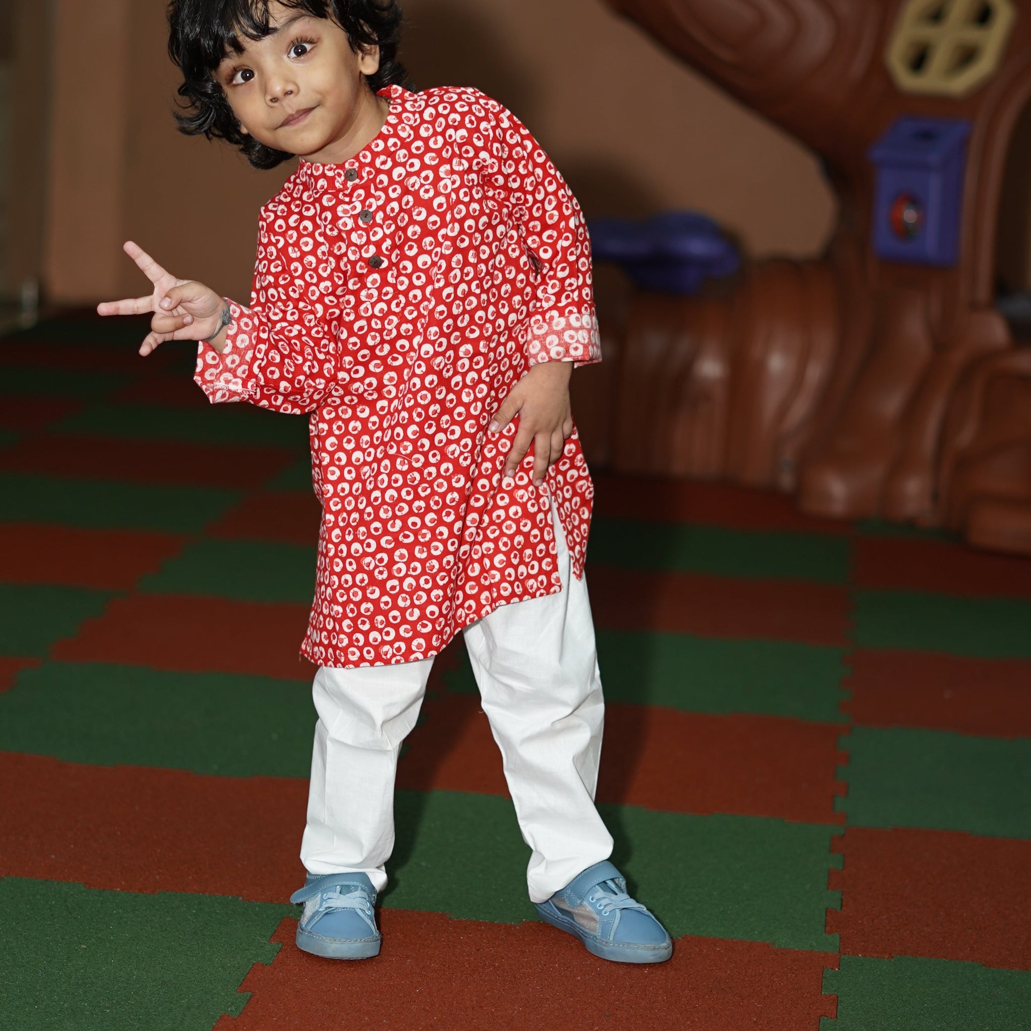 Red bubble printed kurta set