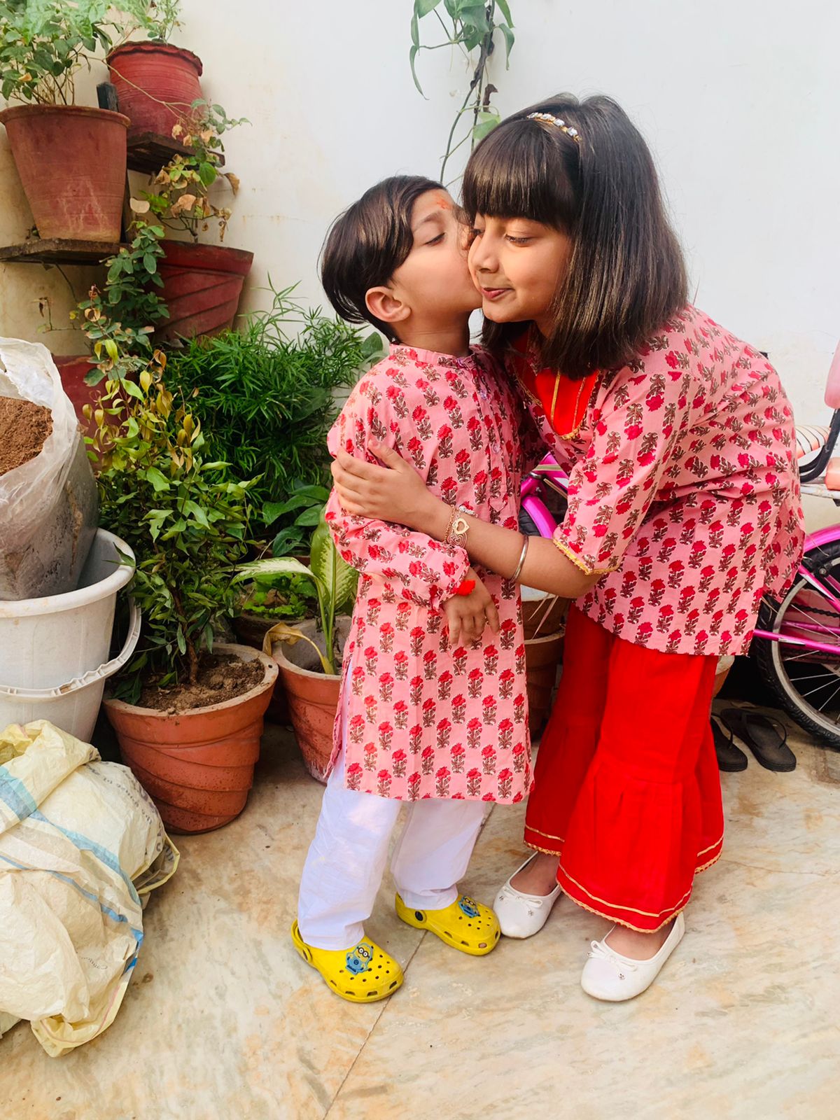 Carnation  pink - Printed  kurti and solid sharara