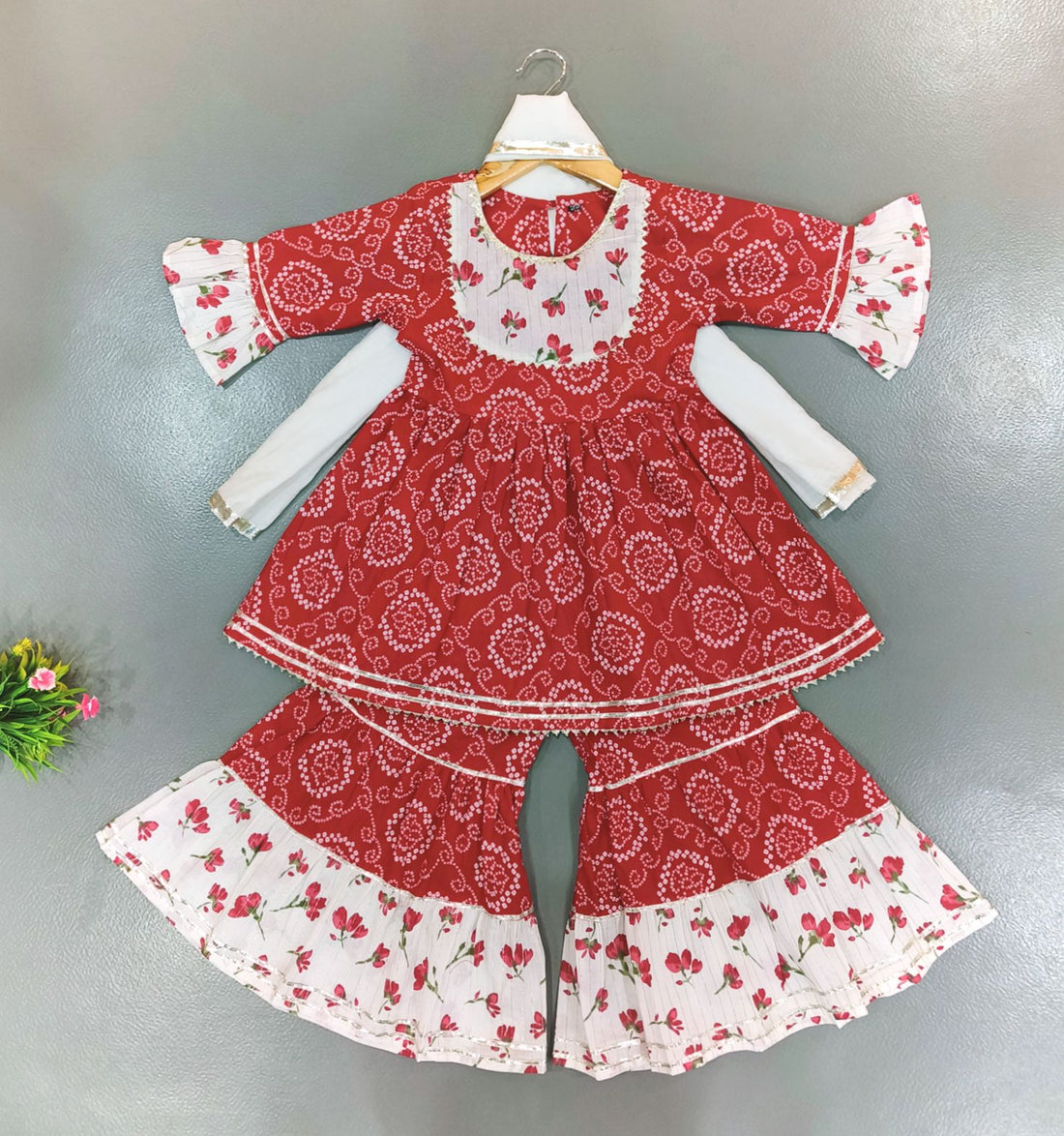 Red bandhani sharara dupatta set