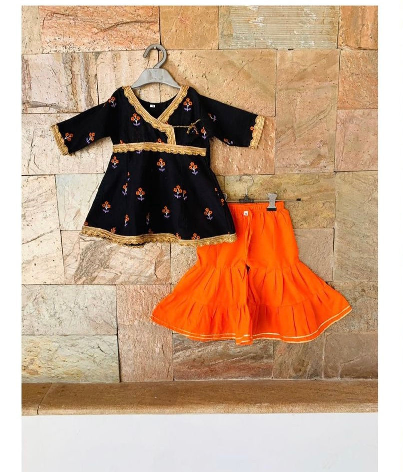 Royal black and orange sharara set _(6mo-6yrs)