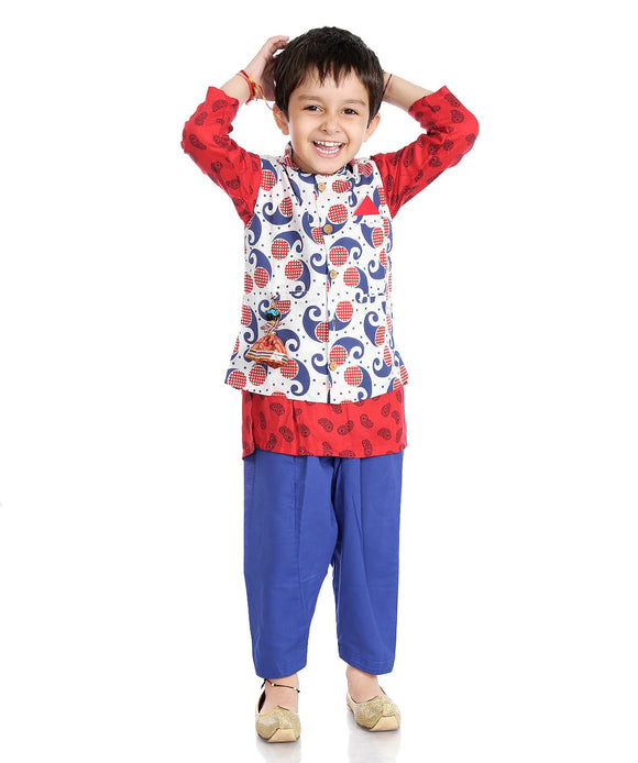 Festive fusion blue and red jacket set with pajama