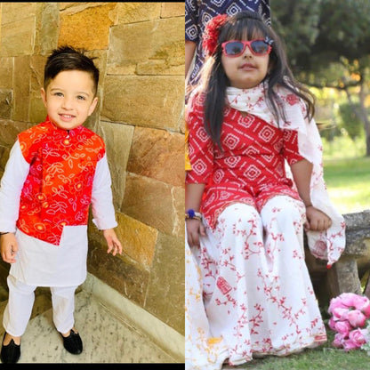 Twinning Sibling set -red bandhej print