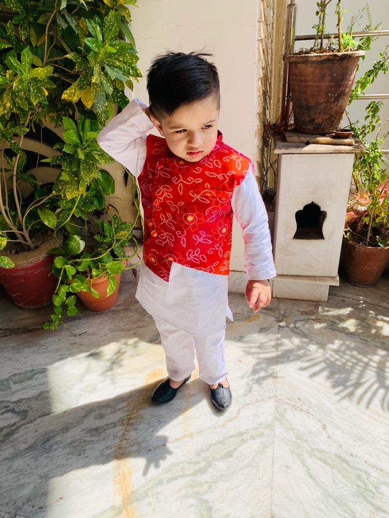 Twinning Sibling set -red bandhej print